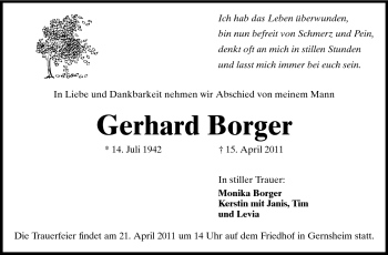 Traueranzeige von Gerhard Borger von Rüsselsheimer Echo, Groß-Gerauer-Echo, Ried Echo