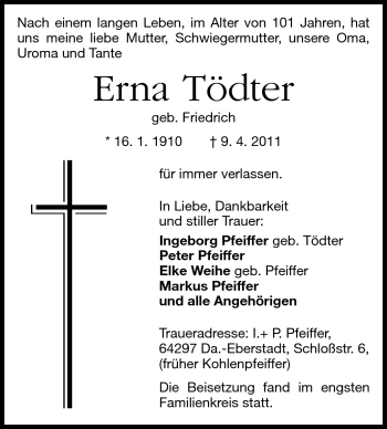 Traueranzeige von Erna Tödter von Echo-Zeitungen (Gesamtausgabe)