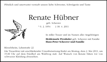 Traueranzeige von Renate Hübner von Rüsselsheimer Echo, Groß-Gerauer-Echo, Ried Echo