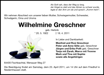 Traueranzeige von Wilhelmine Greschner von Echo-Zeitungen (Gesamtausgabe)