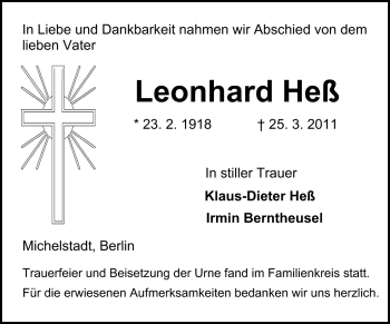Traueranzeige von Leonhard Heß von Odenwälder Echo