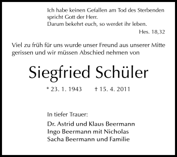 Traueranzeige von Siegfried Schüler von Echo-Zeitungen (Gesamtausgabe)