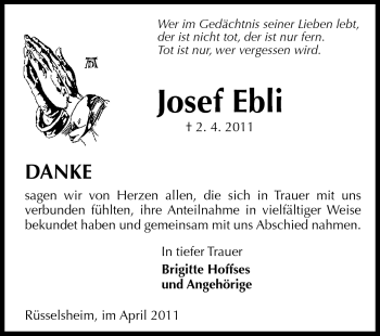 Traueranzeige von Josef Ebli von Rüsselsheimer Echo, Groß-Gerauer-Echo, Ried Echo