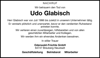 Traueranzeige von Udo Glabisch von Odenwälder Echo