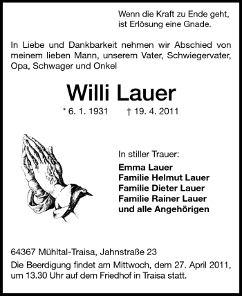 Traueranzeige von Willi Lauer von Darmstädter Echo, Odenwälder Echo, Rüsselsheimer Echo, Groß-Gerauer-Echo, Ried Echo