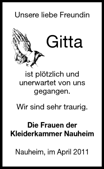 Traueranzeige von Gitta - von Rüsselsheimer Echo, Groß-Gerauer-Echo, Ried Echo