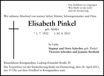 Traueranzeige von Elisabeth Pinkel von Rüsselsheimer Echo, Groß-Gerauer-Echo, Ried Echo