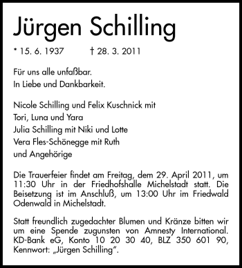 Traueranzeige von Jürgen Schilling von Darmstädter Echo, Odenwälder Echo, Rüsselsheimer Echo, Groß-Gerauer-Echo, Ried Echo