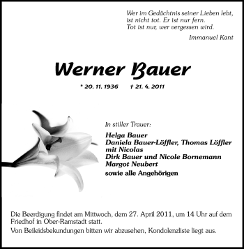 Traueranzeige von Werner Bauer von Darmstädter Echo, Odenwälder Echo, Rüsselsheimer Echo, Groß-Gerauer-Echo, Ried Echo