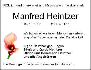 Traueranzeige von Manfred Heintzer von Darmstädter Echo, Odenwälder Echo, Rüsselsheimer Echo, Groß-Gerauer-Echo, Ried Echo