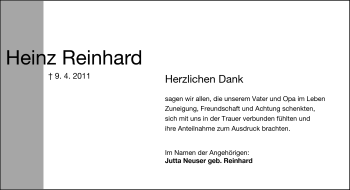 Traueranzeige von Heinz Reinhard von Darmstädter Echo, Odenwälder Echo, Rüsselsheimer Echo, Groß-Gerauer-Echo, Ried Echo