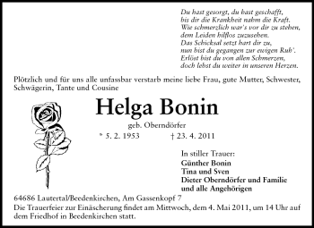 Traueranzeige von Helga Bonin von Echo-Zeitungen (Gesamtausgabe)