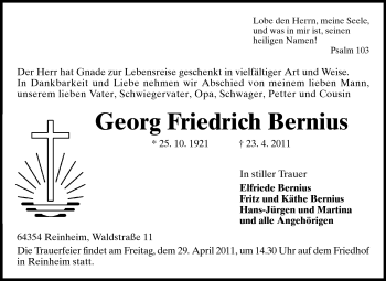 Traueranzeige von Georg Friedrich Bernius von Darmstädter Echo, Odenwälder Echo, Rüsselsheimer Echo, Groß-Gerauer-Echo, Ried Echo