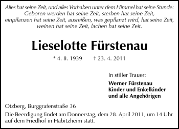 Traueranzeige von Lieselotte Fürstenau von Darmstädter Echo, Odenwälder Echo, Rüsselsheimer Echo, Groß-Gerauer-Echo, Ried Echo