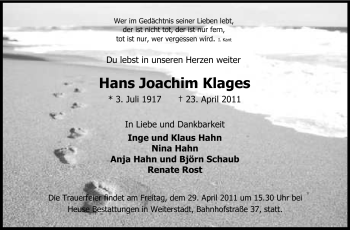 Traueranzeige von Hans Joachim Klages von Echo-Zeitungen (Gesamtausgabe)