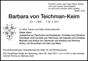 Traueranzeige von Barbara von Teichman-Keim von Odenwälder Echo