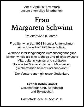Traueranzeige von Margareta Schwinn von Echo-Zeitungen (Gesamtausgabe)