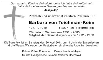 Traueranzeige von Barbara von Teichman-Keim von Odenwälder Echo
