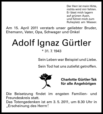 Traueranzeige von Adolf Ignaz Gürtler von Starkenburger Echo