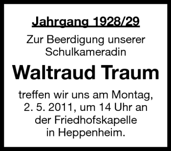 Traueranzeige von Waltraud Traum von Starkenburger Echo