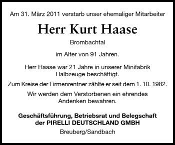 Traueranzeige von Kurt Haase von Odenwälder Echo