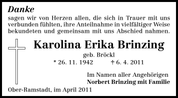 Traueranzeige von Karolina Erika Brinzing von Darmstädter Echo, Odenwälder Echo, Rüsselsheimer Echo, Groß-Gerauer-Echo, Ried Echo