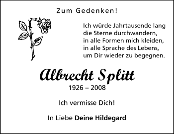 Traueranzeige von Albrecht Splitt von Rüsselsheimer Echo, Groß-Gerauer-Echo, Ried Echo