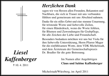 Traueranzeige von Liesel Kaffenberger von Odenwälder Echo