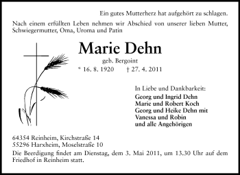 Traueranzeige von Marie Dehn von Darmstädter Echo, Odenwälder Echo, Rüsselsheimer Echo, Groß-Gerauer-Echo, Ried Echo