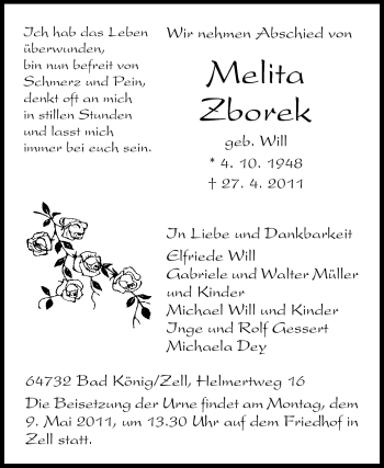 Traueranzeige von Melita Zborek von Odenwälder Echo
