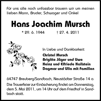 Traueranzeige von Hans Joachim Mursch von Odenwälder Echo