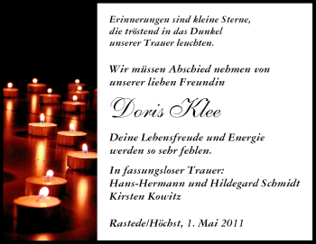 Traueranzeige von Doris Klee von Odenwälder Echo