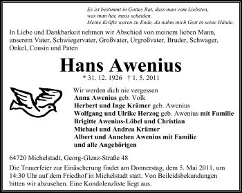 Traueranzeige von Hans Awenius von Odenwälder Echo