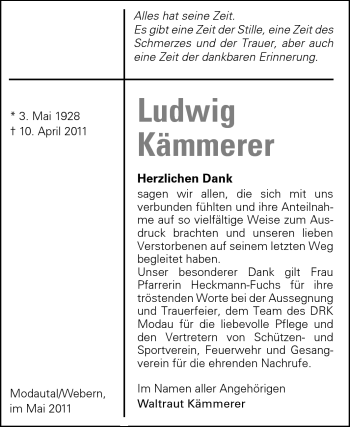 Traueranzeige von Ludwig Kämmerer von Echo-Zeitungen (Gesamtausgabe)