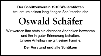 Traueranzeige von Oswald Schäfer von Rüsselsheimer Echo, Groß-Gerauer-Echo, Ried Echo