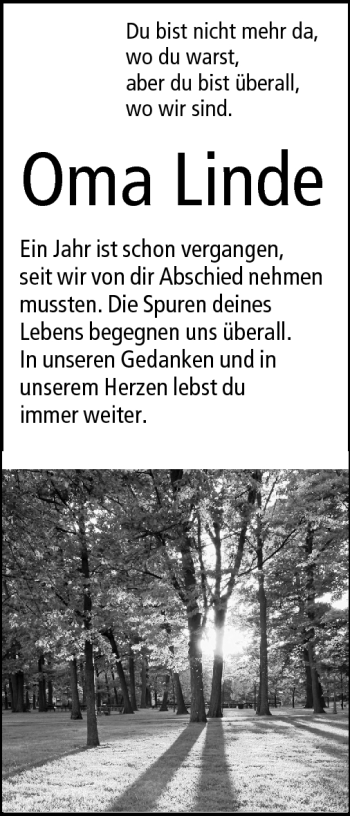 Traueranzeige von Oma Linde von Odenwälder Echo