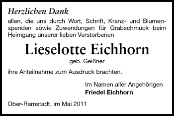 Traueranzeige von Lieselotte Eichhorn von Echo-Zeitungen (Gesamtausgabe)