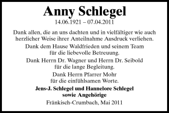 Traueranzeige von Anny Schlegel von Echo-Zeitungen (Gesamtausgabe)