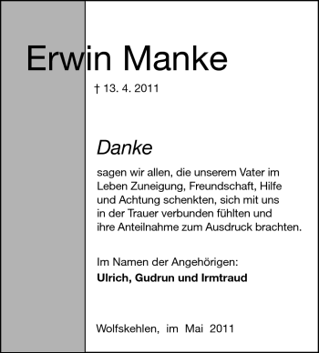 Traueranzeige von Erwin Manke von Rüsselsheimer Echo, Groß-Gerauer-Echo, Ried Echo