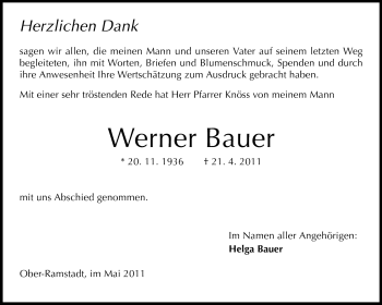 Traueranzeige von Werner Bauer von Darmstädter Echo, Odenwälder Echo, Rüsselsheimer Echo, Groß-Gerauer-Echo, Ried Echo