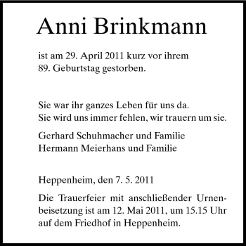 Traueranzeige von Anni Brinkmann von Starkenburger Echo