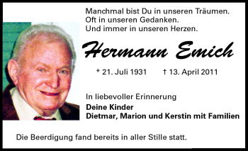 Traueranzeige von Hermann Emich von Darmstädter Echo, Odenwälder Echo, Rüsselsheimer Echo, Groß-Gerauer-Echo, Ried Echo