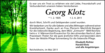 Traueranzeige von Georg Klotz von Odenwälder Echo
