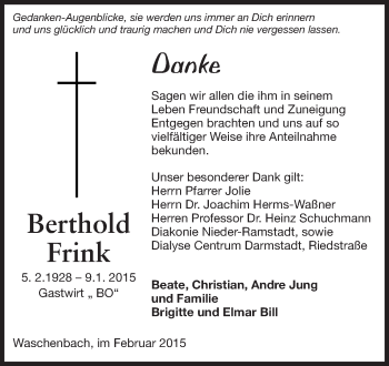 Traueranzeige von Berthold Frink von Echo-Zeitungen (Gesamtausgabe)