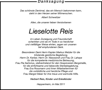 Traueranzeige von Lieselotte Reis von Starkenburger Echo, Bergsträßer Anzeiger