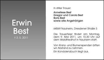 Traueranzeige von Erwin Best von Rüsselsheimer Echo, Groß-Gerauer-Echo, Ried Echo