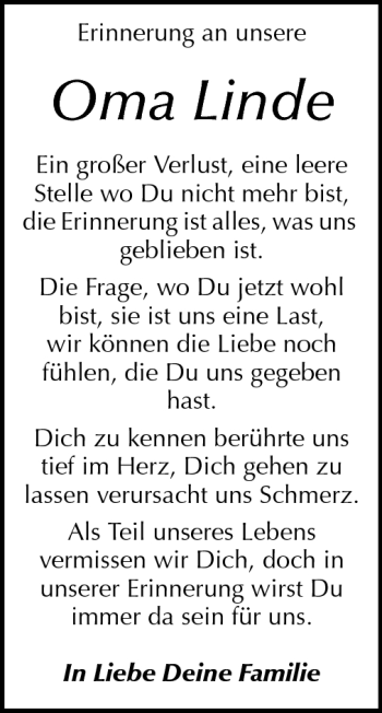 Traueranzeige von Oma Linde von Odenwälder Echo