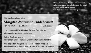 Traueranzeige von Margitta Marianne Hildebrandt von Echo-Zeitungen (Gesamtausgabe)