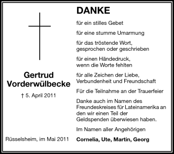 Traueranzeige von Gertrud Vorderwülbecke von Rüsselsheimer Echo, Groß-Gerauer-Echo, Ried Echo