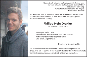 Traueranzeige von Philipp Hein Draxler von Rüsselsheimer Echo, Groß-Gerauer-Echo, Ried Echo